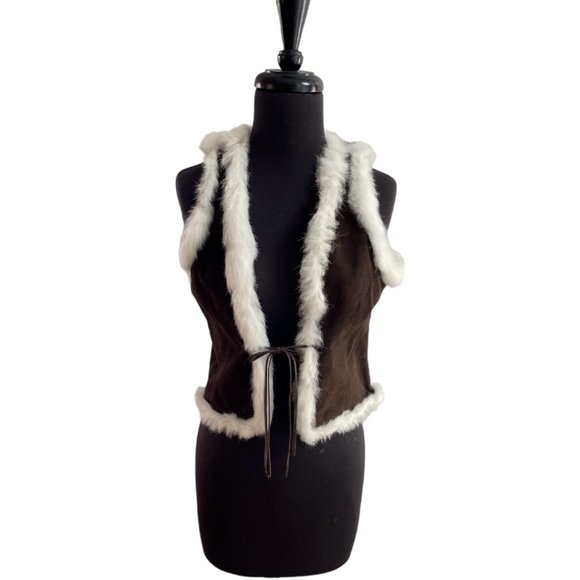 Jackets & Blazers - Brown Suede Vest with White Fur Trim - Boho Chic Winter Layering